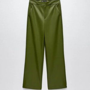 Zara Full Length Faux Leather Pants  - Olive Green - Small